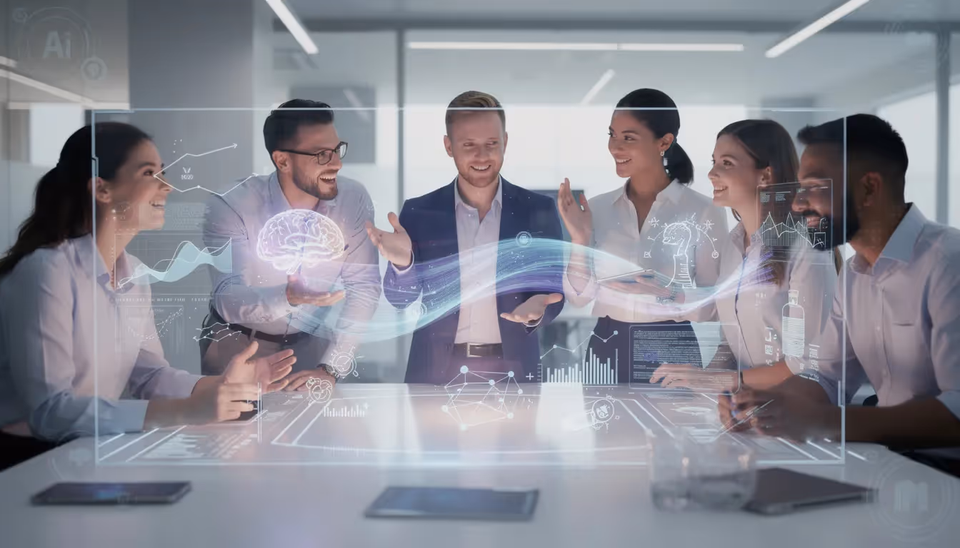 Das Bild zeigt eine moderne Büroumgebung, in der Mitarbeitende an Computern arbeiten und dabei KI-gestützte Technologien nutzen, um Unternehmensprozesse zu optimieren. Im Hintergrund sind Grafiken und Diagramme zu sehen, die den Einsatz von künstlicher Intelligenz zur Steigerung der Produktivität und Effizienz in verschiedenen Branchen verdeutlichen.
