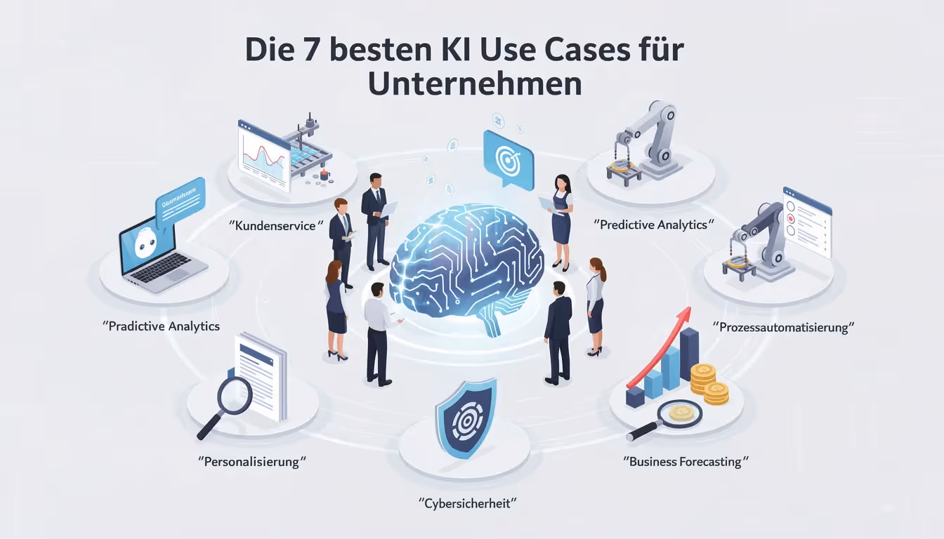 Das Bild zeigt eine Übersicht der 7 besten Anwendungsfälle für künstliche Intelligenz in Unternehmen, die verschiedene Bereiche wie Automatisierung, Effizienzsteigerung und intelligente Entscheidungsfindung abdecken. Diese KI-Lösungen bieten Unternehmen wertvolle Einblicke und Wettbewerbsvorteile in der heutigen digitalen Landschaft.