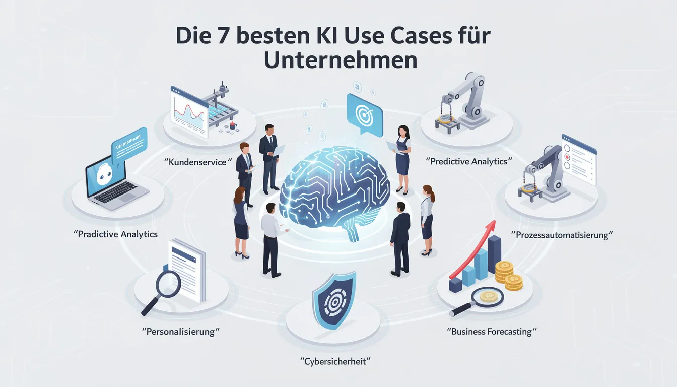 Das Bild zeigt eine Übersicht der 7 besten Anwendungsfälle für künstliche Intelligenz in Unternehmen, die verschiedene Bereiche wie Automatisierung, Effizienzsteigerung und intelligente Entscheidungsfindung abdecken. Diese KI-Lösungen bieten Unternehmen wertvolle Einblicke und Wettbewerbsvorteile in der heutigen digitalen Landschaft.