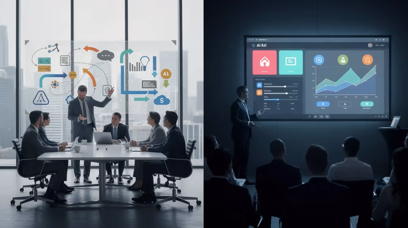 Das Bild zeigt eine kontrastreiche Darstellung, die die Unterschiede zwischen einer fundierten KI-Strategieberatung und einer einfachen Tool-Demo veranschaulicht. Auf der einen Seite sind Elemente wie strategische Planung, Innovation und Unternehmenswachstum zu sehen, während auf der anderen Seite technische Tools und Anwendungen abgebildet sind, die den Einsatz von KI im Unternehmen verdeutlichen.