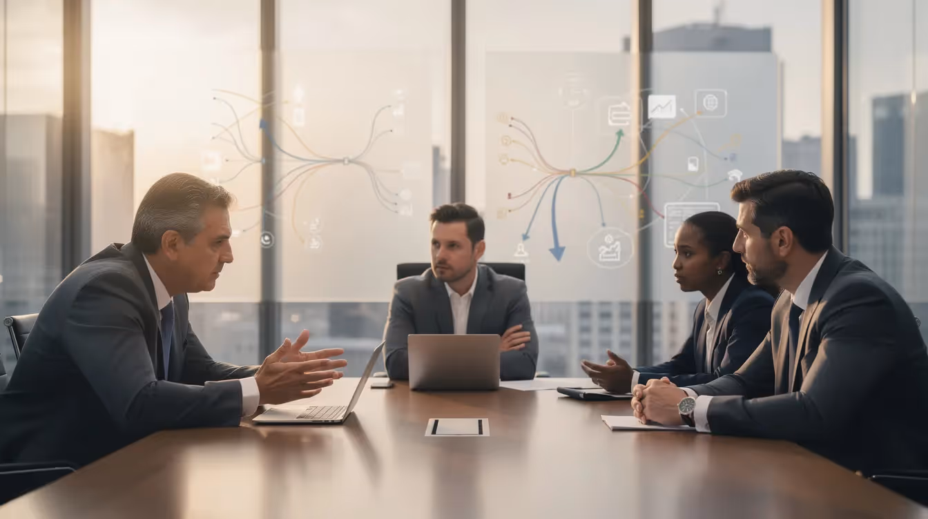Das Bild zeigt eine Gruppe von Führungskräften, die in einem modernen Konferenzraum an einem Tisch sitzen und intensiv über Strategien diskutieren. Auf einem Bildschirm im Hintergrund sind Diagramme und Grafiken zu sehen, die den Einsatz von Künstlicher Intelligenz (KI) in Unternehmensprozessen veranschaulichen, während die Teilnehmer sich mit den Herausforderungen und Chancen der KI-Integration auseinandersetzen.