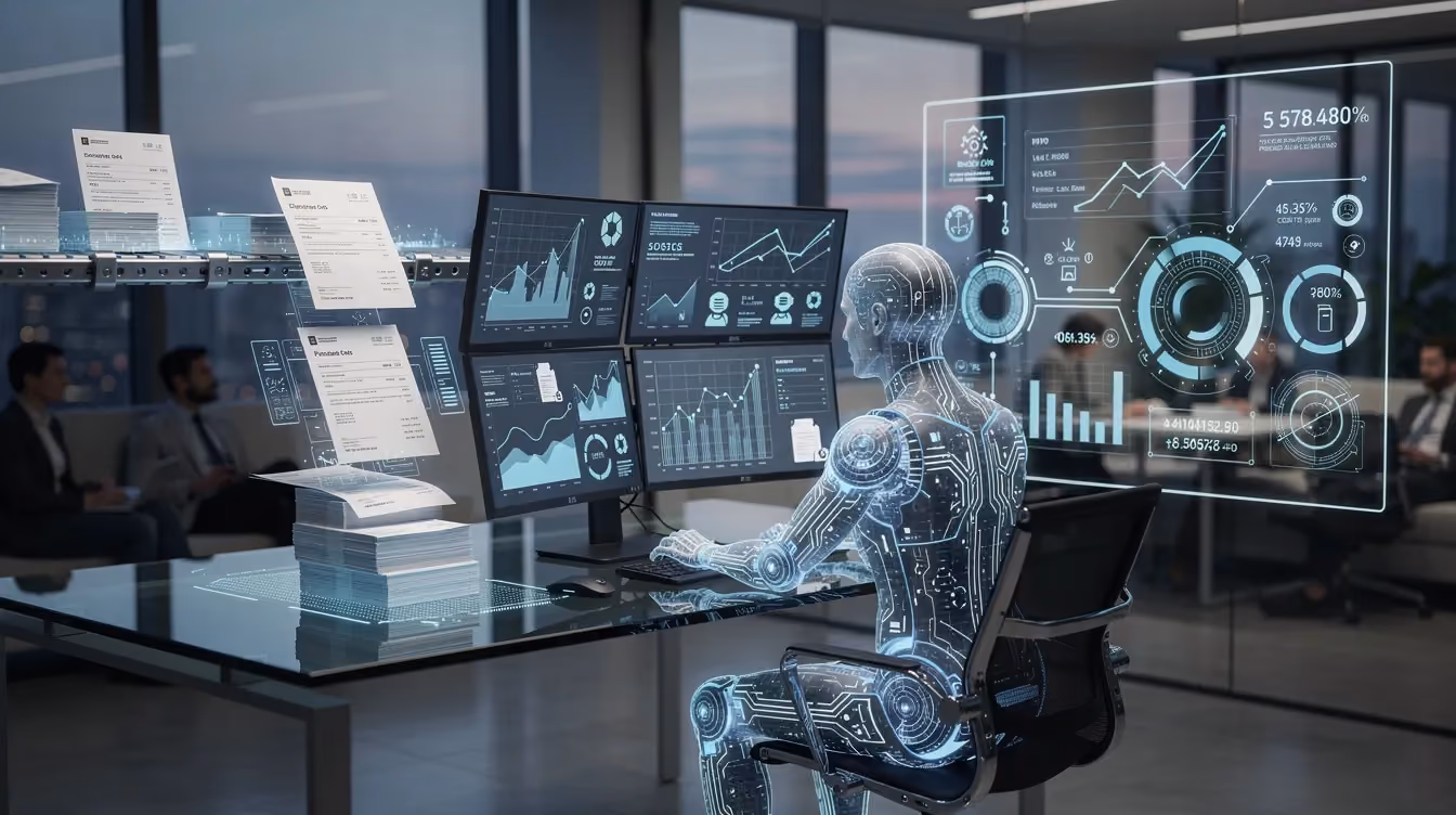 Das Bild zeigt eine moderne Büroumgebung, in der Mitarbeiter an Computern arbeiten, während KI-Systeme im Hintergrund automatisch Rechnungen verarbeiten. Die Szene symbolisiert die Effizienz und Automatisierung von Geschäftsprozessen durch künstliche Intelligenz in Unternehmen.