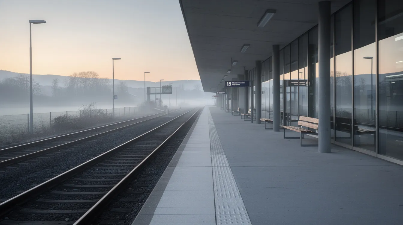 Ein leerer Bahnsteig in Süddeutschland am frühen Morgen zeigt moderne Architektur im ruhigen Licht. Die Umgebung wirkt friedlich und unbeschriftet, was eine stille Atmosphäre schafft, ideal für einen Moment der Reflexion oder Planung, ähnlich wie bei der Entwicklung einer erfolgreichen E-Commerce-Strategie.