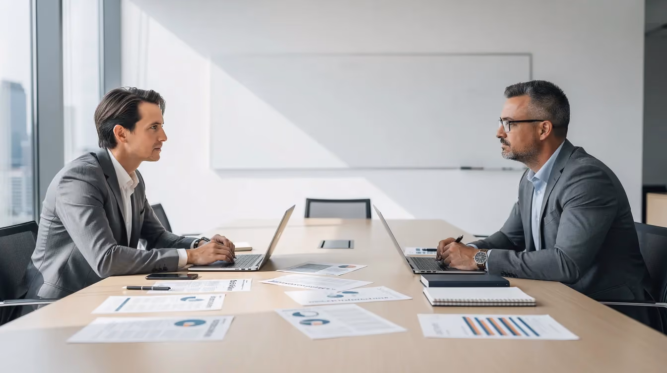 Das Bild zeigt ein Strategiegespräch am Besprechungstisch in einem modernen Büro, wo zwei Personen in Business-Casual-Kleidung an einem Laptop und Unterlagen arbeiten. Weiches Tageslicht strömt durch große Fenster und schafft eine angenehme Atmosphäre für die Diskussion über e Commerce Strategien und Lösungen.