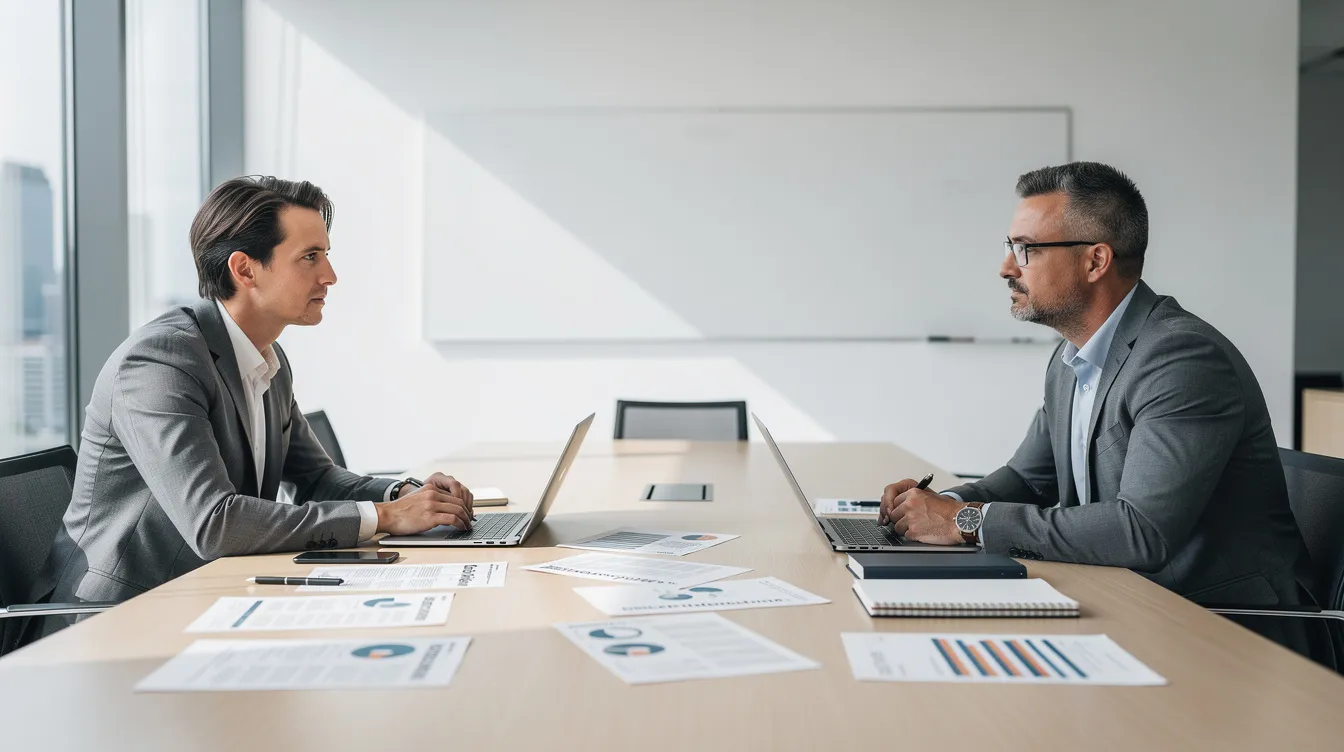 Das Bild zeigt ein Strategiegespräch am Besprechungstisch in einem modernen Büro, wo zwei Personen in Business-Casual-Kleidung an einem Laptop und Unterlagen arbeiten. Weiches Tageslicht strömt durch große Fenster und schafft eine angenehme Atmosphäre für die Diskussion über e Commerce Strategien und Lösungen.
