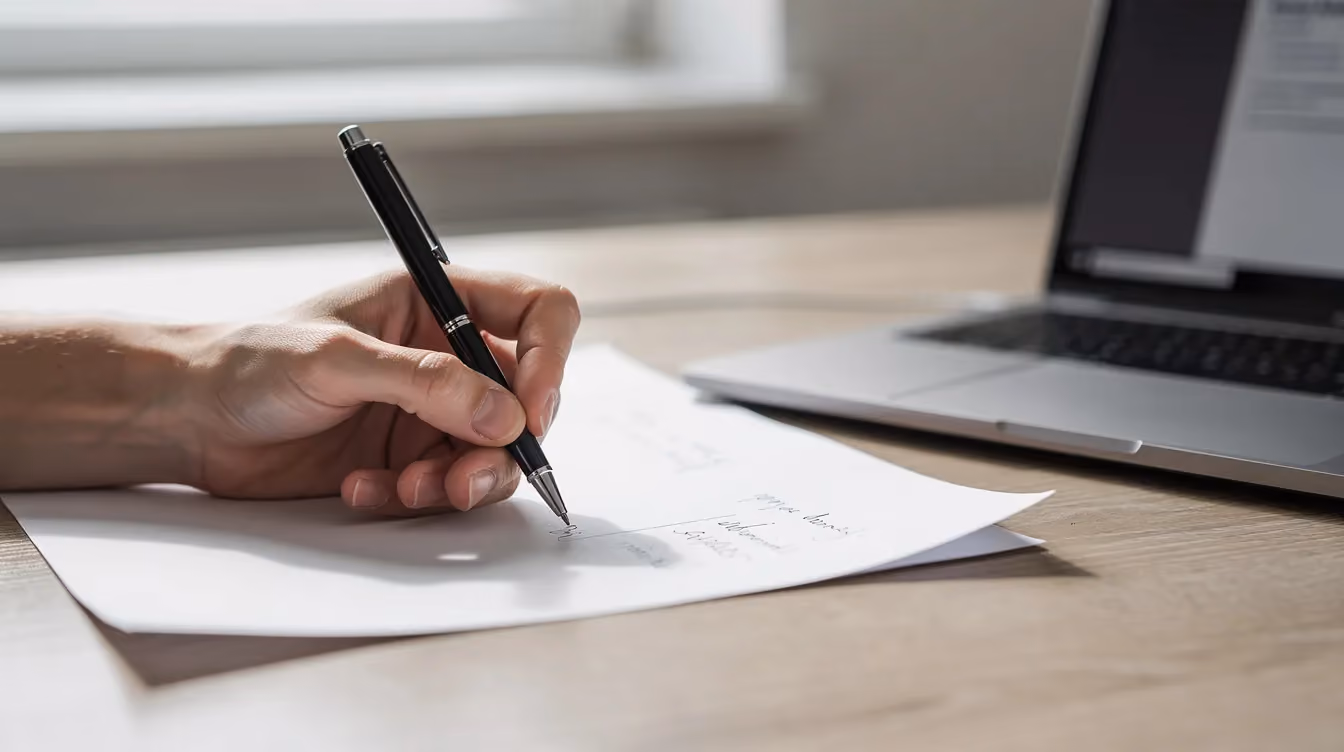 Eine Nahaufnahme einer Hand, die Notizen auf ein Blatt Papier schreibt, während daneben ein aufgeklappter Laptop liegt. Diese Szene zeigt den kreativen Prozess in der Unternehmensberatung, der oft für die Strategieentwicklung und die Analyse von Projekten in Augsburg genutzt wird.
