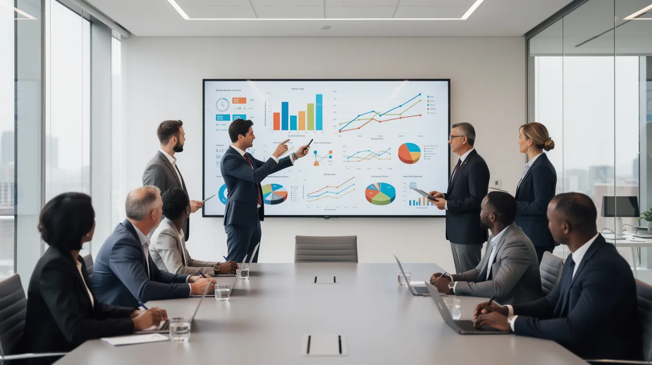 In einem Besprechungsraum betrachten mehrere Personen aufmerksam Daten und Diagramme auf einem großen Bildschirm, während sie strategische Analysen und Lösungen im Bereich Unternehmensberatung diskutieren. Diese Szene verdeutlicht das Zusammenspiel von Teams, die sich auf die Transformation und Entwicklung von Unternehmensstrategien konzentrieren, um den Erfolg im Mittelstand zu sichern.