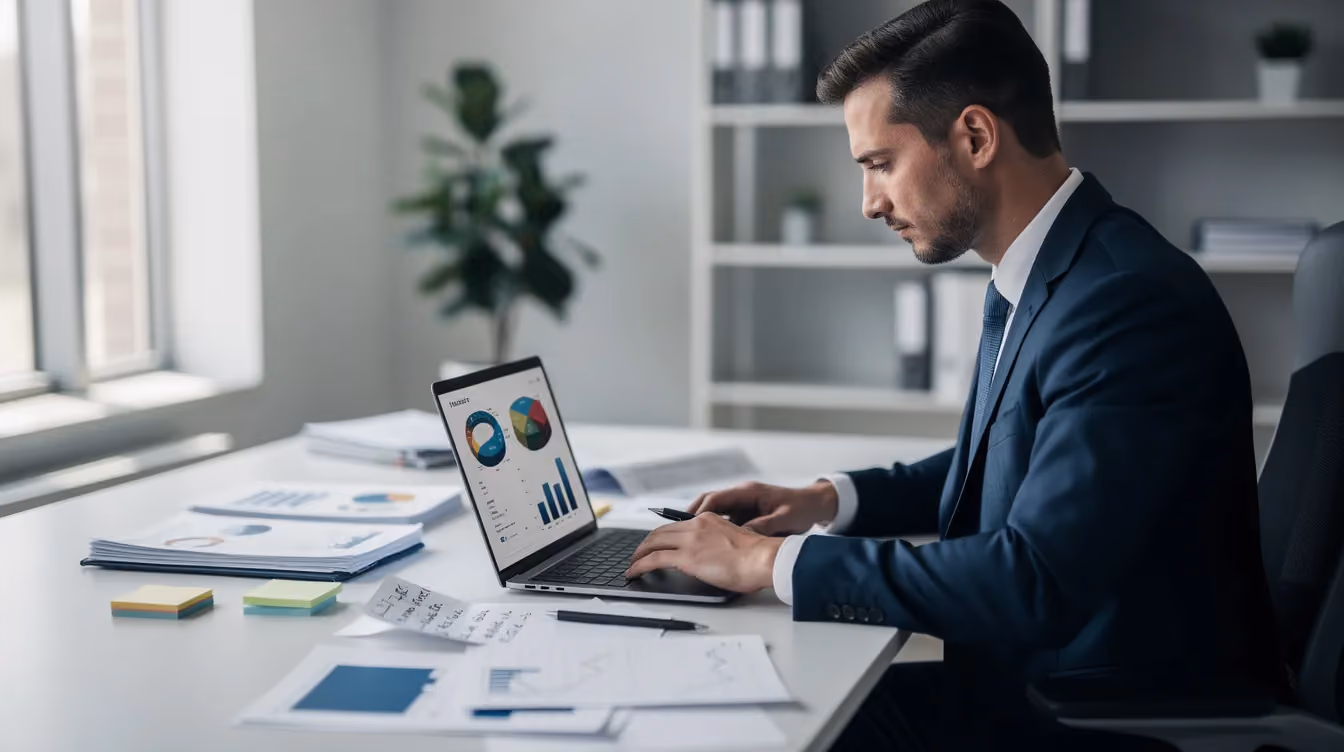 Eine Geschäftsperson sitzt an einem modernen Schreibtisch und analysiert Finanzdaten auf ihrem Laptop, um wichtige Kennzahlen im E-Commerce wie den Customer Lifetime Value (CLV) und die Conversion Rate zu bewerten. Neben dem Laptop liegen Notizen, die zur Entscheidungsfindung im Unternehmen beitragen.