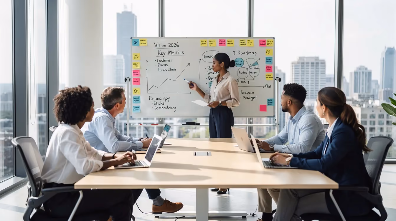 Das Bild zeigt ein Teammeeting in einem modernen Büro, in dem Mitarbeiter um einen Tisch versammelt sind und auf ein Whiteboard mit strategischen Notizen blicken. Die Notizen beziehen sich auf wichtige e Commerce Kennzahlen und KPIs, die für die Analyse und Optimierung des Unternehmens entscheidend sind.
