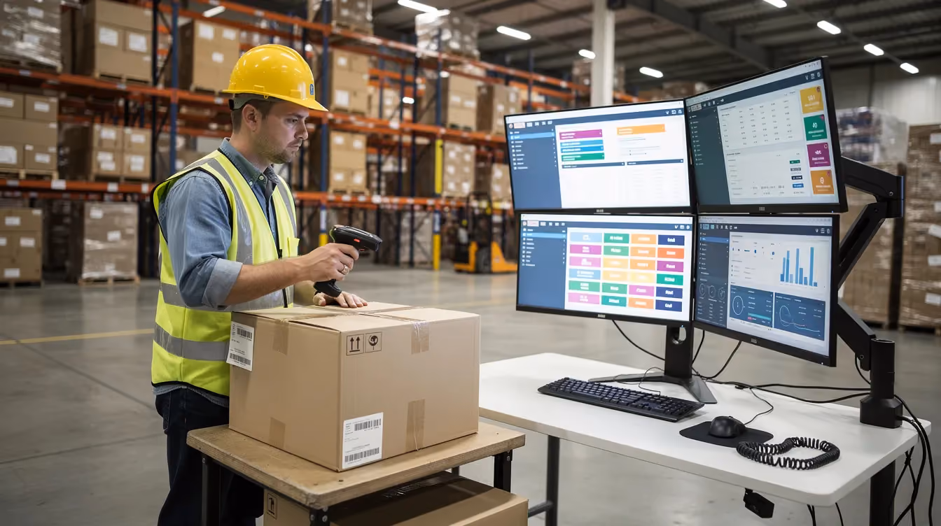 Ein Lagerarbeiter scannt Pakete neben einem Computerarbeitsplatz mit mehreren Bildschirmen, die Informationen zu Bestellungen und Beständen anzeigen. Diese Szene verdeutlicht die Effizienz und Automatisierung von e Commerce Prozessen in einem modernen Logistikunternehmen.