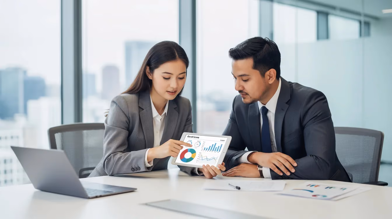 Zwei Geschäftsleute überprüfen Daten auf einem Tablet in einem modernen Büro. Die Szene verdeutlicht die Effizienz und Automatisierung von E-Commerce-Prozessen, die für das Wachstum von Unternehmen und die Verbesserung der Customer Experience entscheidend sind.