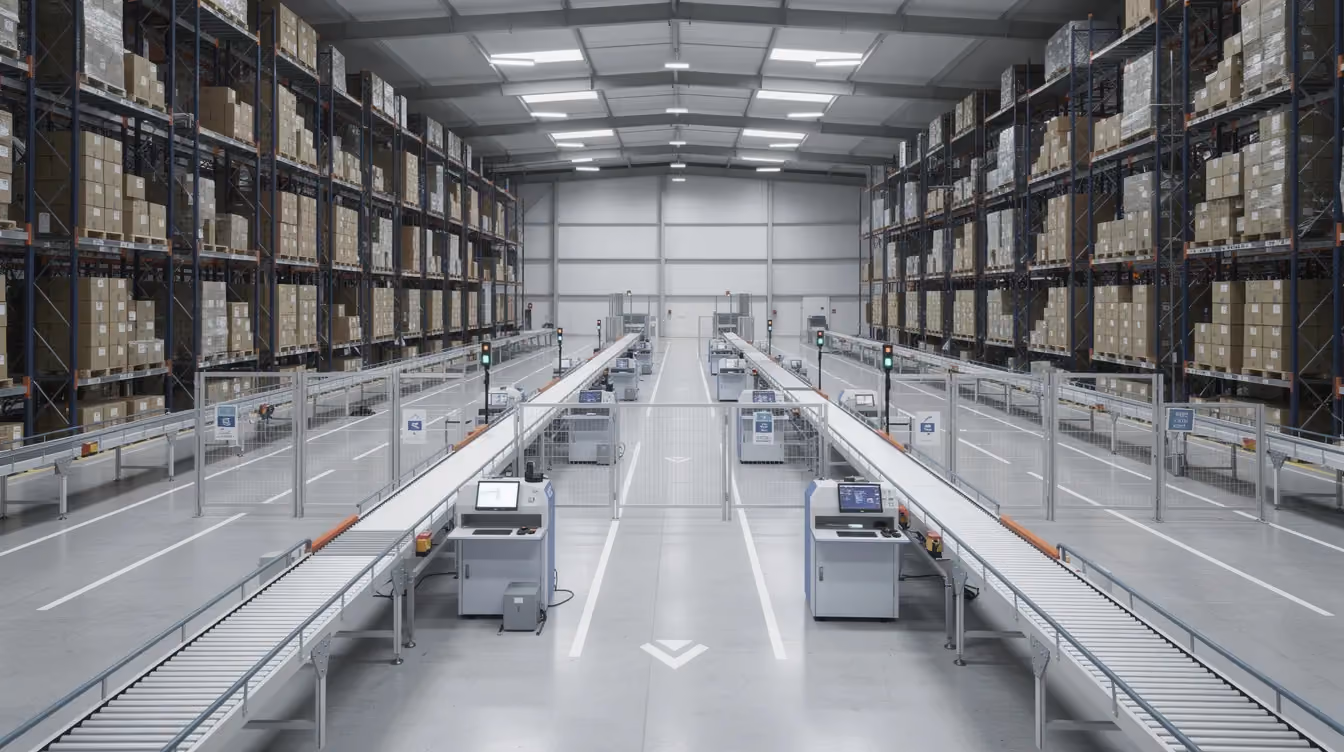 Die Abbildung zeigt eine ordentlich organisierte Logistikanlage mit Förderbändern und Regalsystemen, die für die effiziente Automatisierung von Geschäftsprozessen und den Einsatz von Technologien zur Workflow-Automatisierung konzipiert ist. Roboter und automatisierungstools optimieren die Arbeitsabläufe und steigern die Produktivität in diesem modernen Unternehmensumfeld.