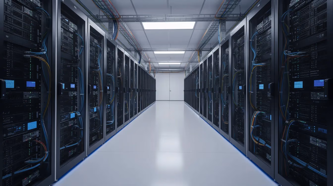Das Bild zeigt mehrere verbundene Serverracks in einem modernen Rechenzentrum, die für die effiziente Verarbeitung von Daten und die Automatisierung von Geschäftsprozessen eingesetzt werden. Diese Infrastruktur unterstützt Unternehmen dabei, ihre Arbeitsabläufe zu optimieren und die Produktivität durch Prozessautomatisierung zu steigern.
