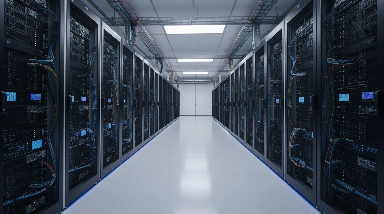 Das Bild zeigt mehrere verbundene Serverracks in einem modernen Rechenzentrum, die für die effiziente Verarbeitung von Daten und die Automatisierung von Geschäftsprozessen eingesetzt werden. Diese Infrastruktur unterstützt Unternehmen dabei, ihre Arbeitsabläufe zu optimieren und die Produktivität durch Prozessautomatisierung zu steigern.