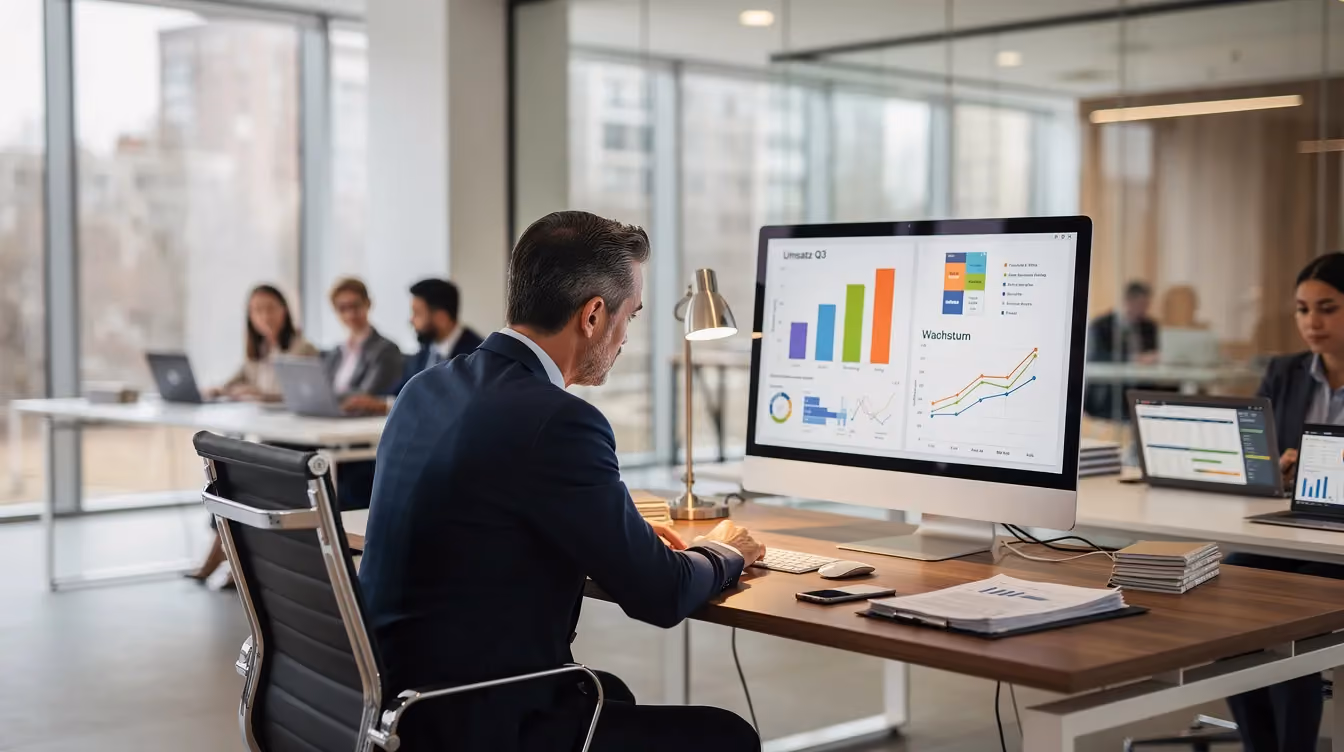 In einem modernen Büro sitzt ein Geschäftsführer an seinem Schreibtisch und betrachtet konzentriert einen Bildschirm mit Diagrammen, während im Hintergrund Mitarbeiter an Laptops arbeiten und an verschiedenen Aufgaben in der Prozessautomatisierung und der KI-gestützten Entscheidungsfindung arbeiten. Die Szene vermittelt eine Atmosphäre der Effizienz und Zusammenarbeit in einem Unternehmen, das auf die Vorteile von Künstlicher Intelligenz setzt.