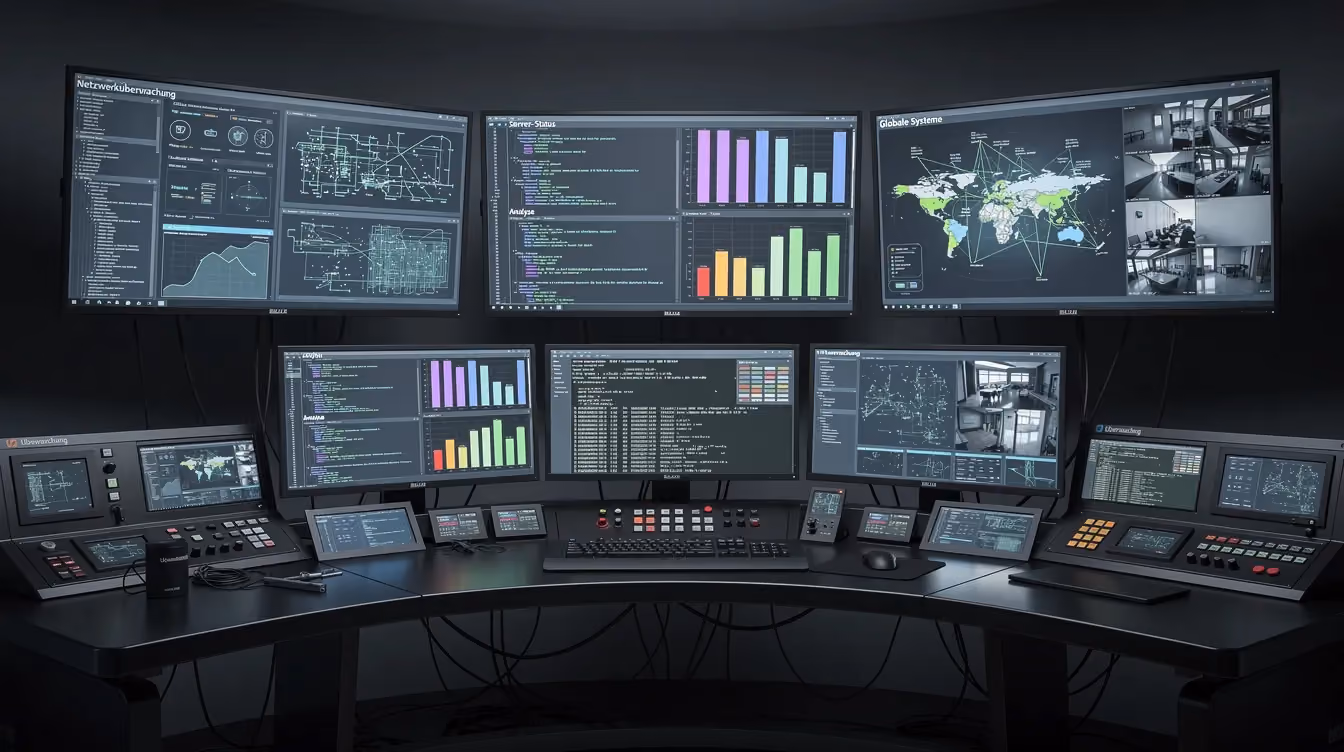 Das Bild zeigt eine Schaltzentrale mit mehreren Monitoren, die verschiedene Datenströme und Systeme darstellen, um eine zentrale Entscheidungsfindung zu ermöglichen. Diese Systeme sind entscheidend für das Produktinformationsmanagement und die Datenqualität im E-Commerce.