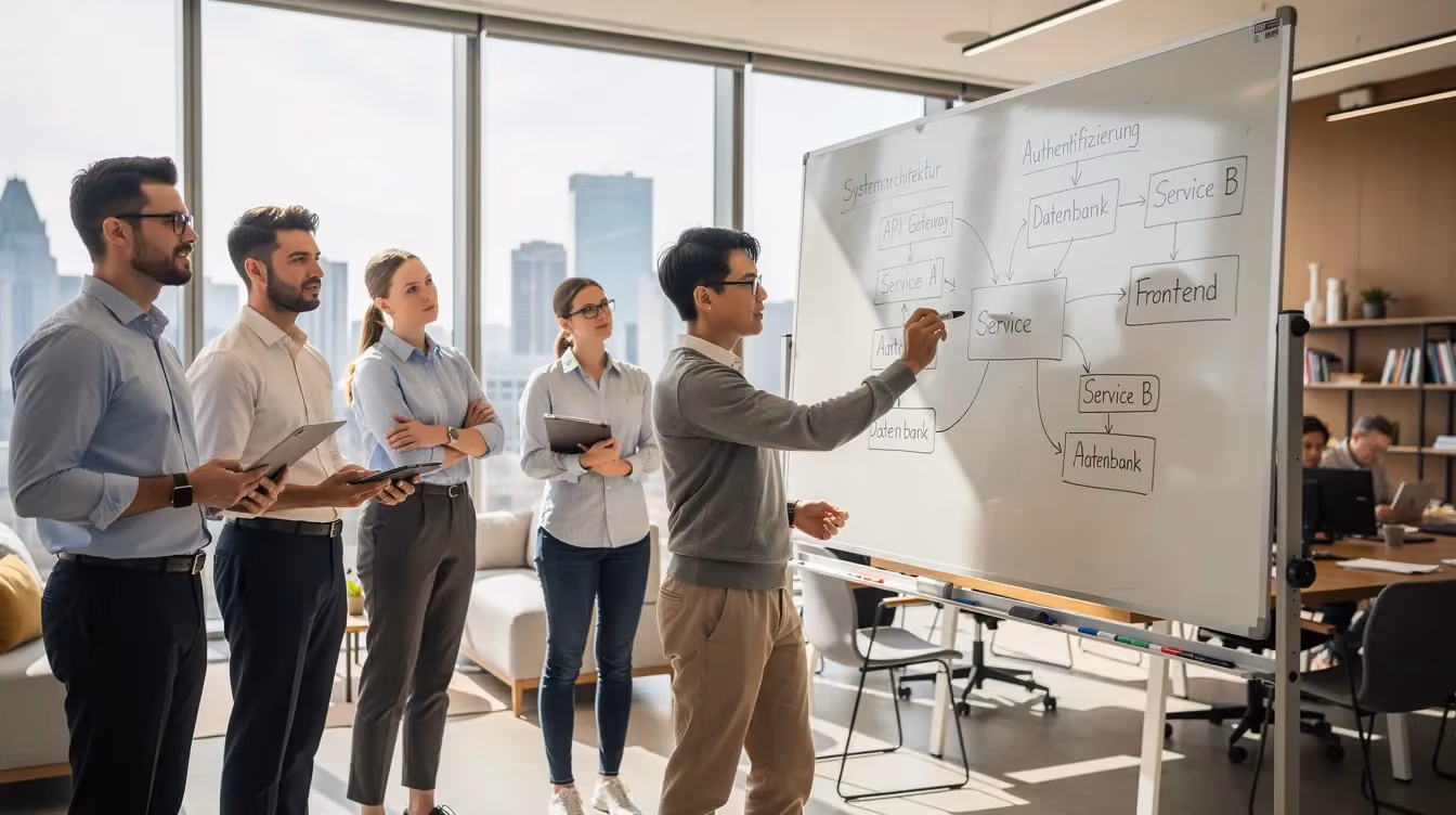 Das Bild zeigt ein Team in einem modernen Büro, das an einem großen Whiteboard eine Systemarchitektur diskutiert. Sie arbeiten zusammen, um eine "single source of truth" für ihre Produktinformationen zu entwickeln, während sie verschiedene Aspekte des Datenmanagements und der Entscheidungsfindung erörtern.