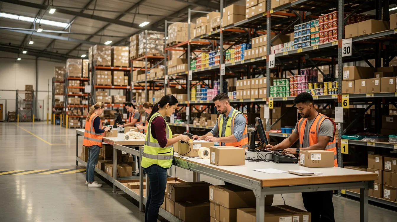 In einem Lagerhaus bereiten Mitarbeiter Pakete für den Versand vor, während im Hintergrund Regale voller Produkte stehen. Diese effizienten Abläufe unterstützen Unternehmen im E-Commerce, indem sie die Automatisierung und Systemintegration durch Technologien wie APIs und Cloud-Lösungen optimieren.
