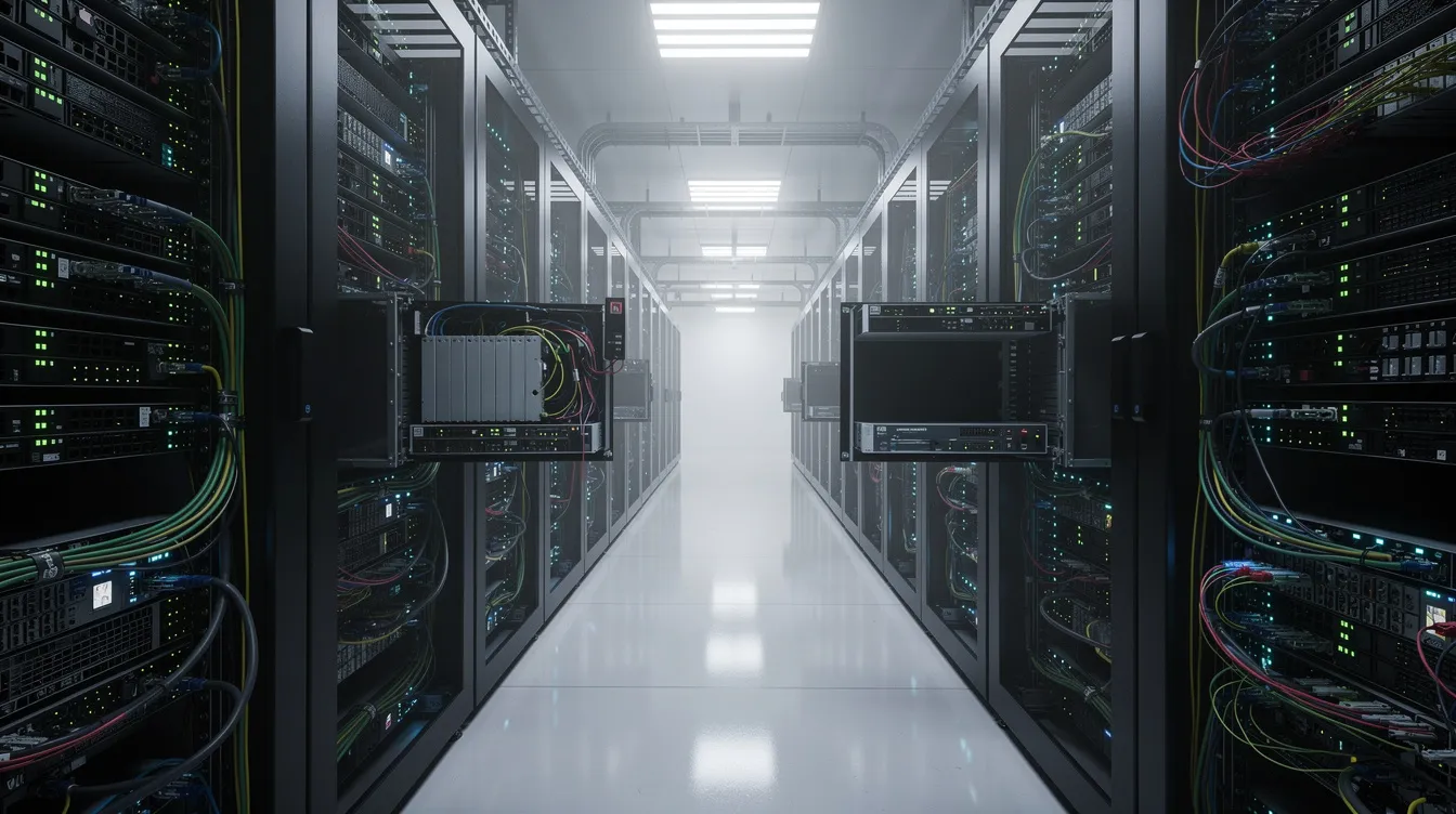 Das Bild zeigt mehrere miteinander verbundene Server und Netzwerkgeräte in einem modernen Rechenzentrum, die für die Verarbeitung großer Datenmengen und die Sicherstellung der Datenqualität in Unternehmen verantwortlich sind. Die Systeme sind strategisch angeordnet, um eine effiziente Datenverwaltung und -transformation zu ermöglichen.