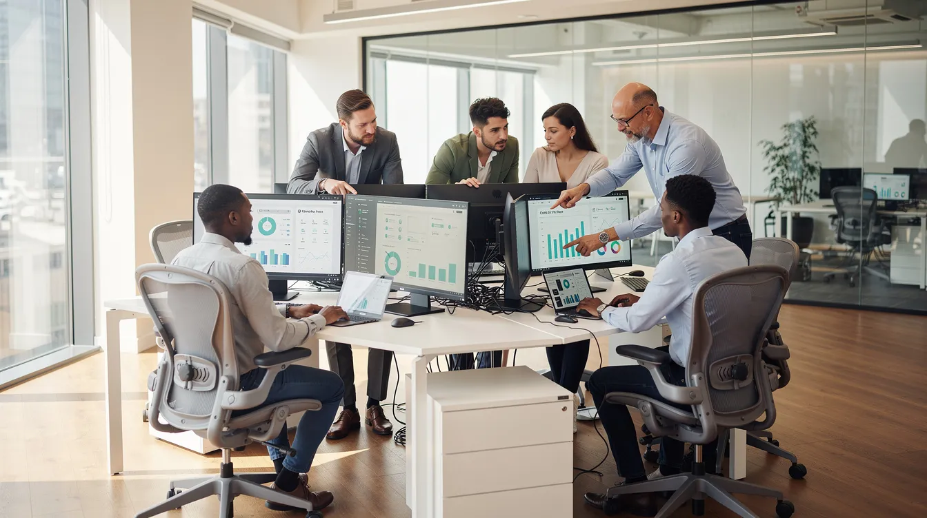 Das Bild zeigt ein modernes Büro, in dem ein Team von Mitarbeitern an großen Monitoren arbeitet. Sie diskutieren gemeinsam über Datenmanagement-Lösungen und analysieren Informationen, um die Qualität und Konsistenz der Daten zu verbessern.