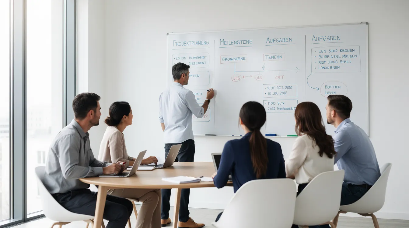 In einem hellen Besprechungsraum arbeitet ein Team an der Projektplanung, indem es Ideen und Strategien an einem Whiteboard festhält. Die Diskussion fokussiert sich auf die Optimierung von Geschäftsprozessen und die Vorteile der Automatisierung, um die Effizienz und Produktivität im Unternehmen zu steigern.
