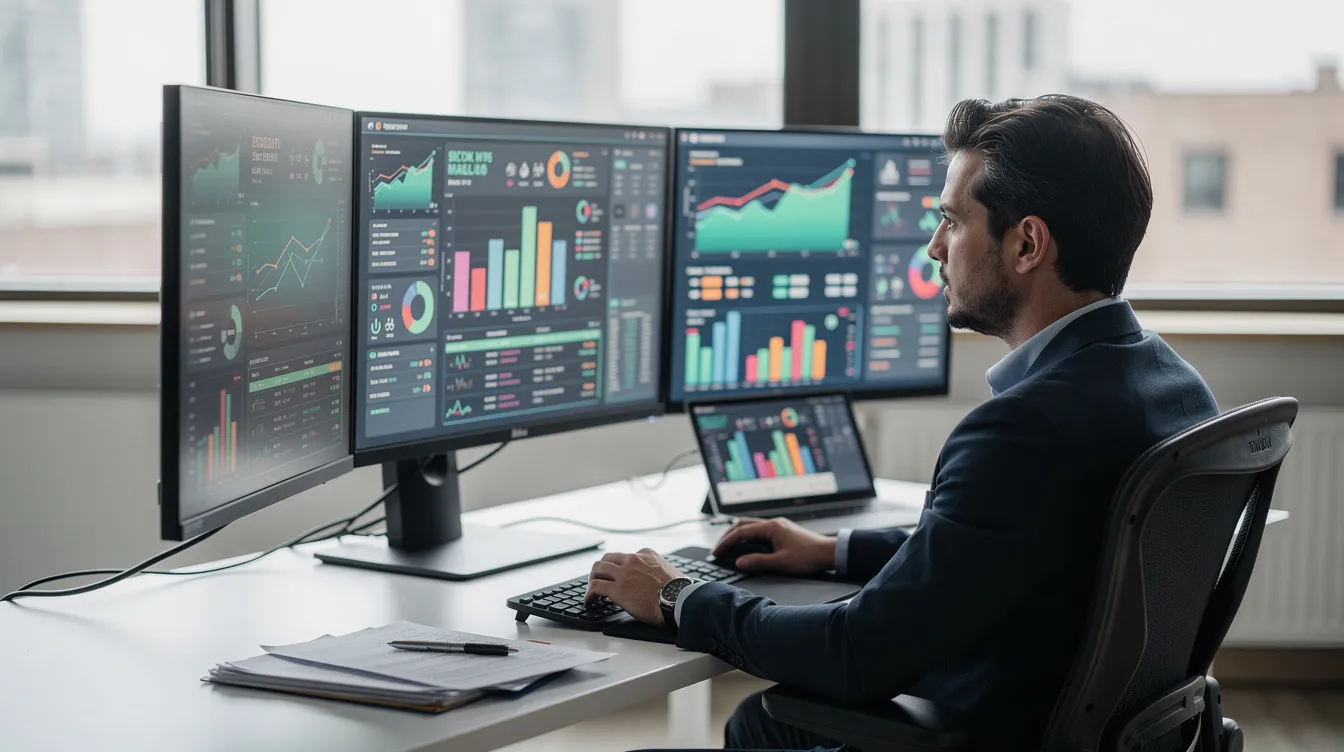 Eine Person in einem modernen Büro beobachtet mehrere Monitore, die farbige Grafiken und Statusanzeigen zeigen, um die Effizienz von Prozessen und die Automatisierung im Unternehmen zu überwachen. Diese Überwachung dient der Analyse von Daten und der Verbesserung von Arbeitsabläufen, um Herausforderungen und Fehler frühzeitig zu erkennen.