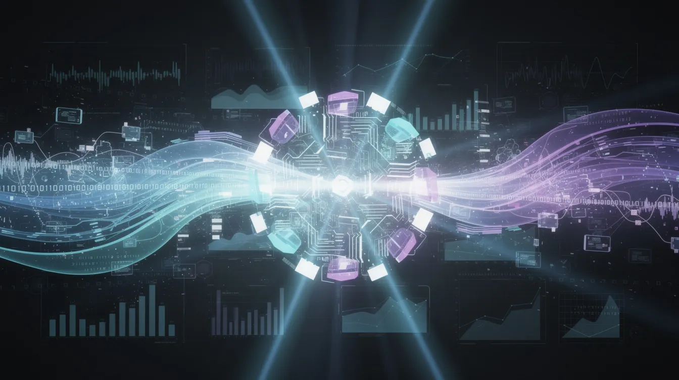 Die abstrakte Darstellung zeigt eine dynamische KI-gestützte Analyse, in der Lichtstrahlen und Datenströme miteinander verwoben sind. Diese Visualisierung symbolisiert die Automatisierung von Arbeitsabläufen und die Integration von KI-Workflows in moderne Systeme.