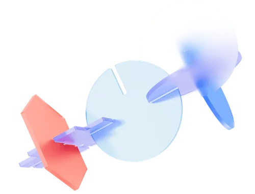 Abstract 3D shapes including a red hexagon, a light blue circular disc with a notch, and a translucent blue propeller-like form.