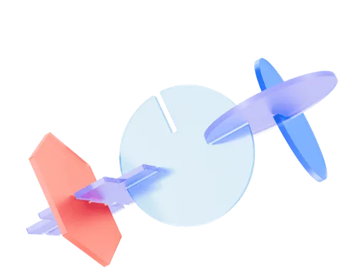 Abstract 3D shapes including a red hexagon, a light blue circular disc with a notch, and a translucent blue propeller-like form.