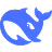Blue stylized fox curled up in a circular shape with tail wrapped around body.