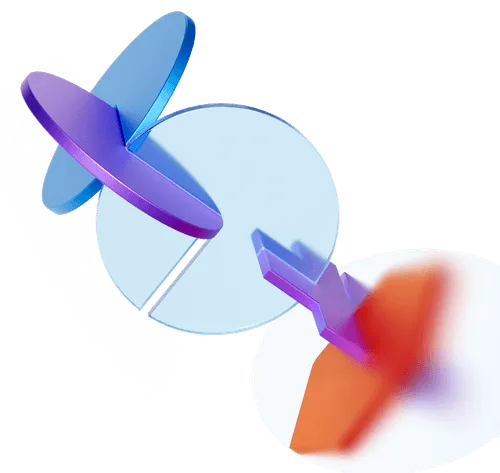 Abstract 3D geometric shapes consisting of intersecting blue, purple, and orange discs and planes on a white background.