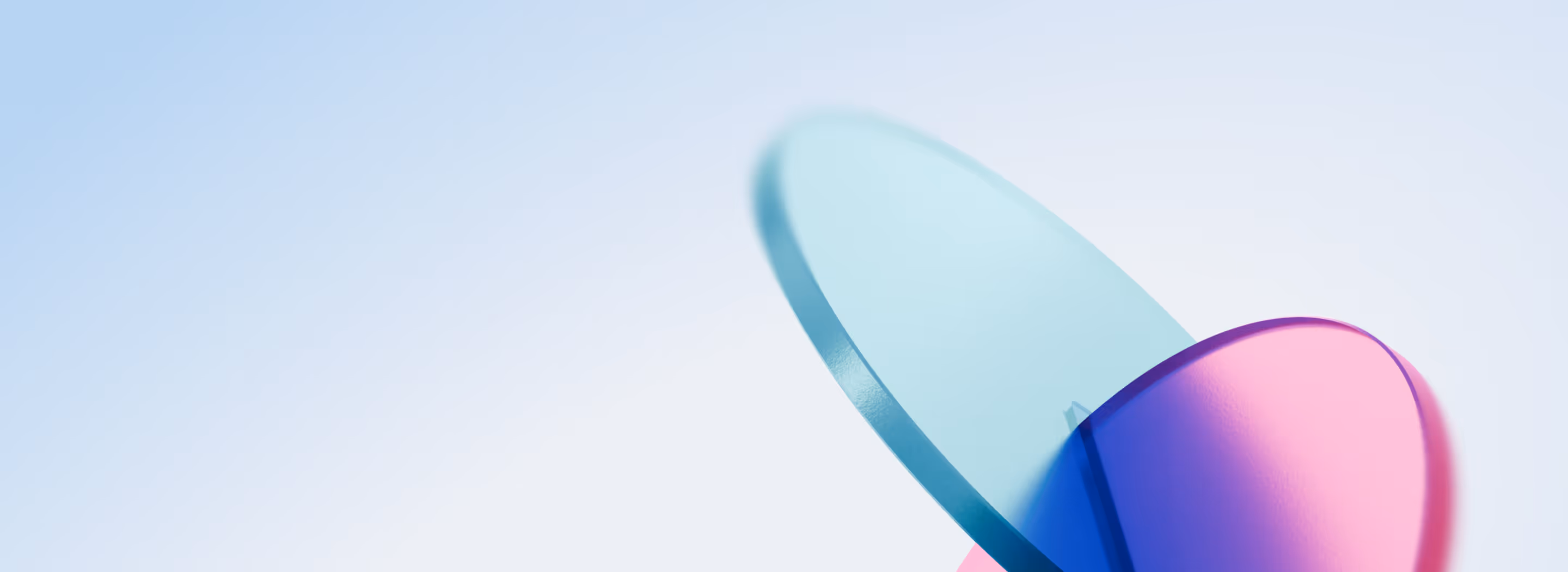 Abstract composition of overlapping translucent blue and pink curved shapes on light blue gradient background.