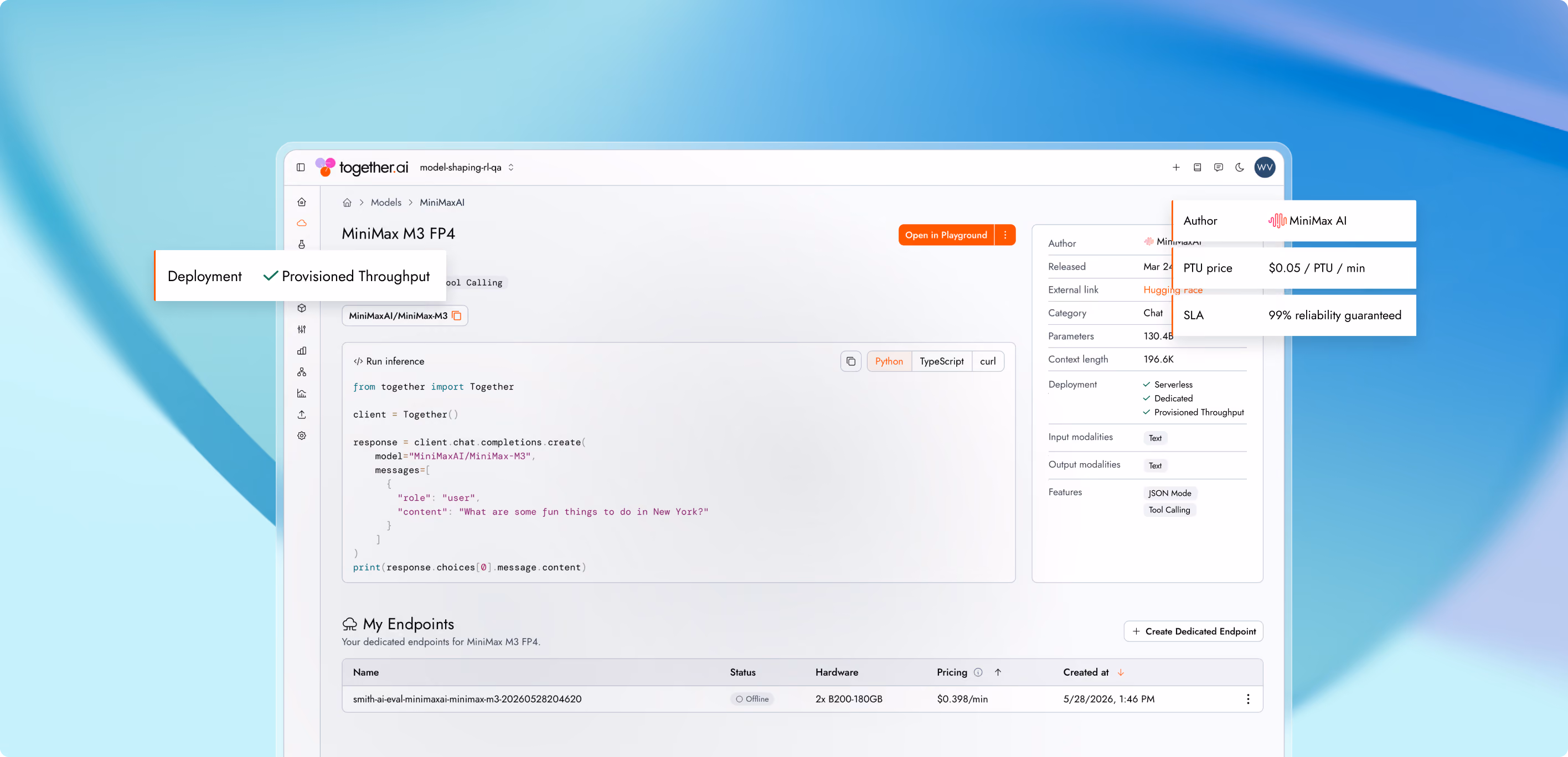 Together AI interface showing MiniMax M3 model details, code snippet, pricing, and endpoints status offline.