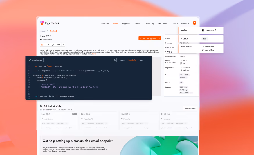 Together.ai interface showing Kimi K2.5 model info, code example, pricing, deployment, and related models list.