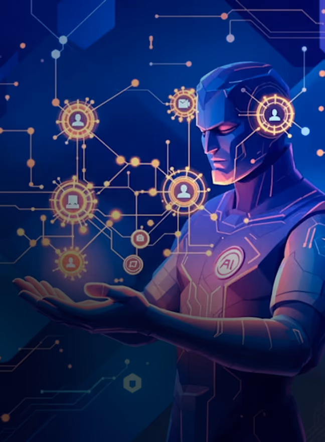 Futuristic humanoid with AI symbol holding connected digital network icons in glowing orange lines.
