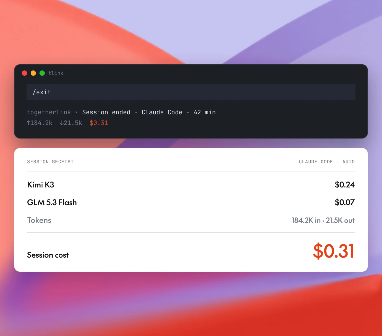 Session receipt with token and dollar totals