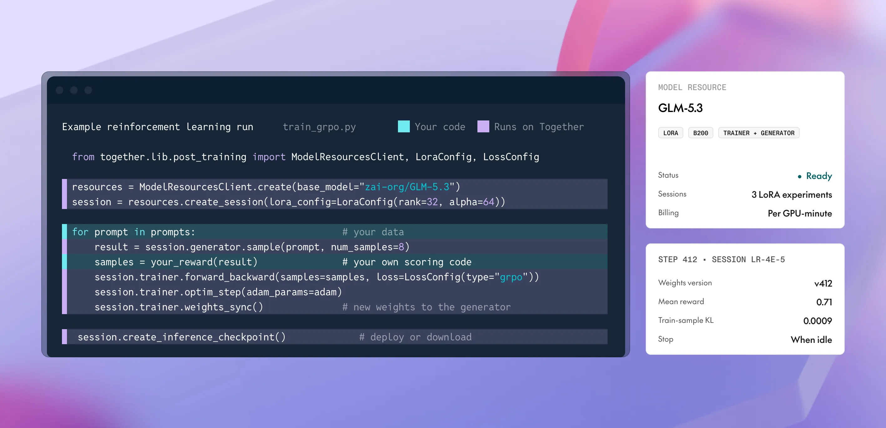 Example reinforcement learning run in Python, with the model resource and training step status