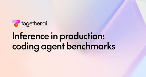 Text reads: Inference in production: coding agent benchmarks with together.ai logo on pastel gradient background.