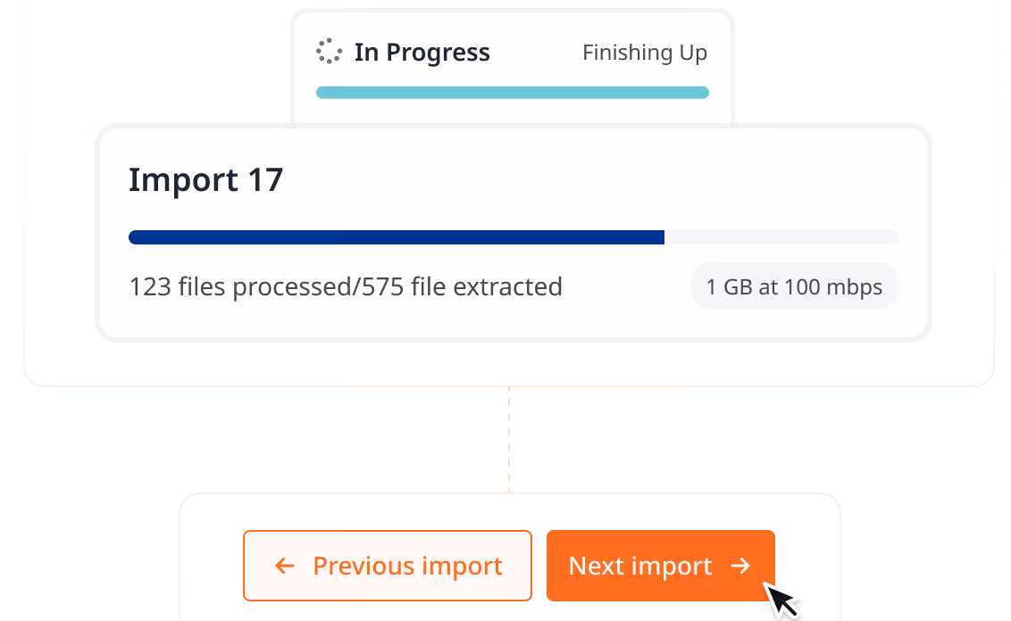 Import process showing 123 of 575 files processed with 1 GB at 100 mbps speed, progress bar partially filled, and buttons for previous and next import.