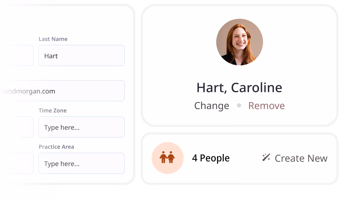 User interface with a profile card showing a smiling woman named Caroline Hart, and options to change or remove, alongside a panel indicating 4 people and an option to create new.