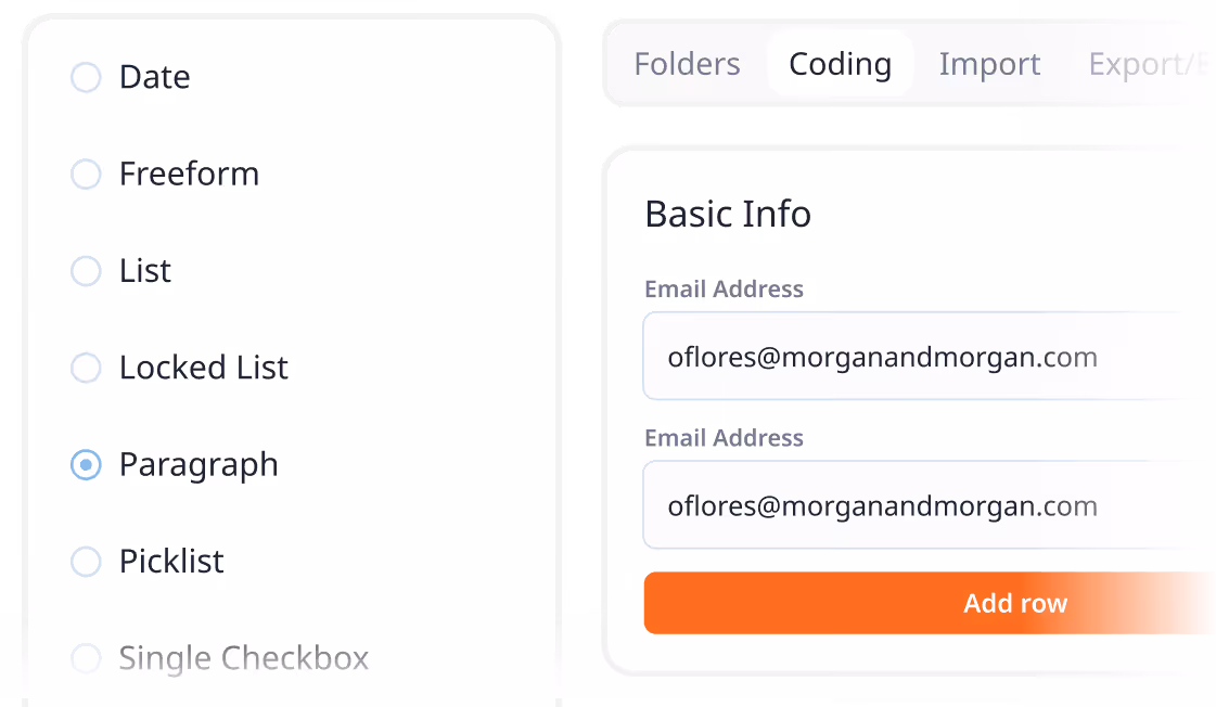 User interface showing options for data input types with 'Paragraph' selected and a coding tab displaying repeated email address fields with an Add row button.