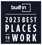 Built In 2023 Best Places to Work award badge with white text on dark background.