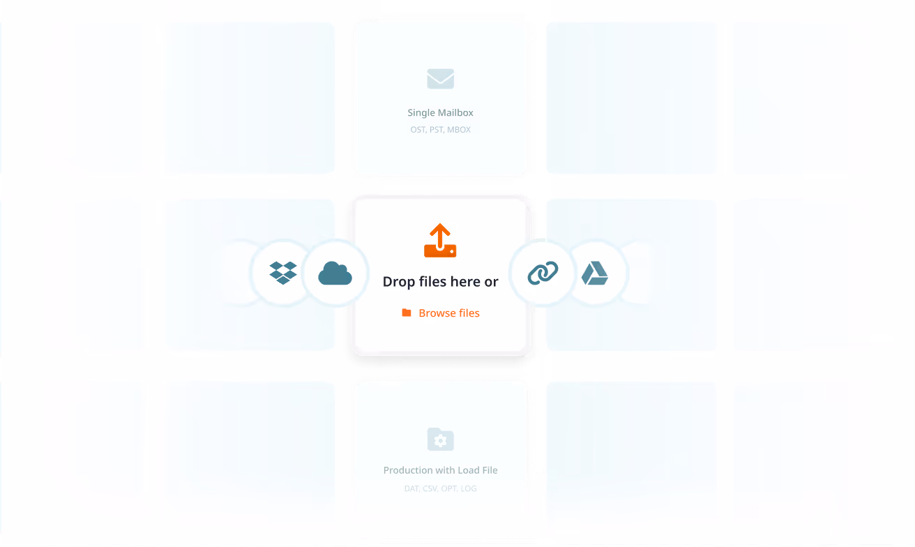 Interface with options to drop files or browse from cloud services including Dropbox and Google Drive, alongside single mailbox and production file features.