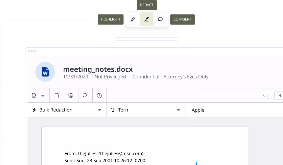 Screenshot of a document titled meeting_notes.docx with options to highlight, redact, and comment, showing part of an email header.