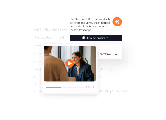 Screenshot showing a video player with a play button over a woman talking, and an interface overlay prompting to generate AI summaries for a transcript.