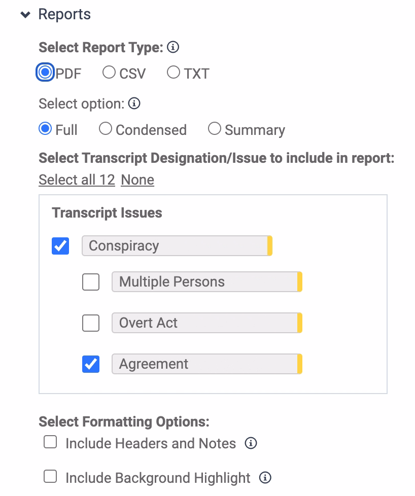 Nextpoint report builder showing options to select report type, designations, and formatting