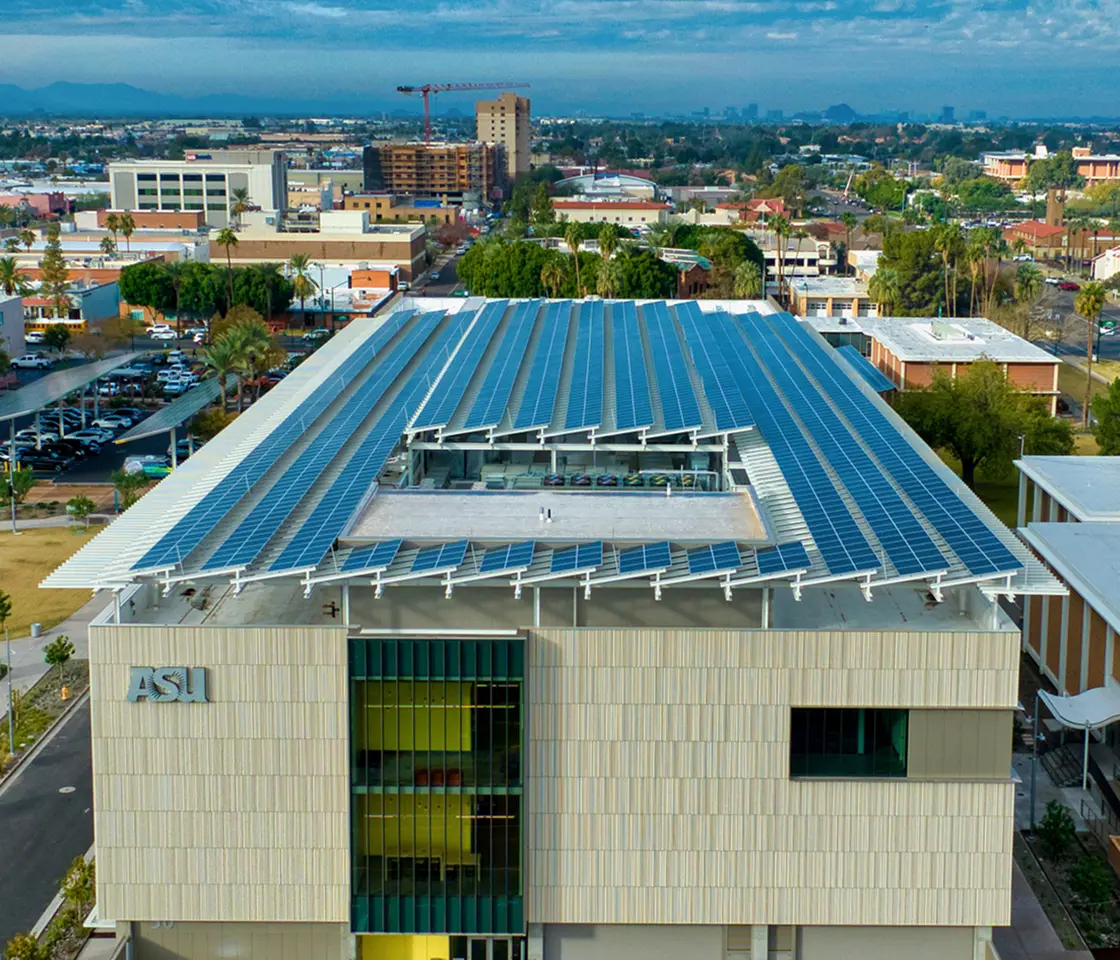 Rooftop solar on an ASU building supporting solar power for universities.