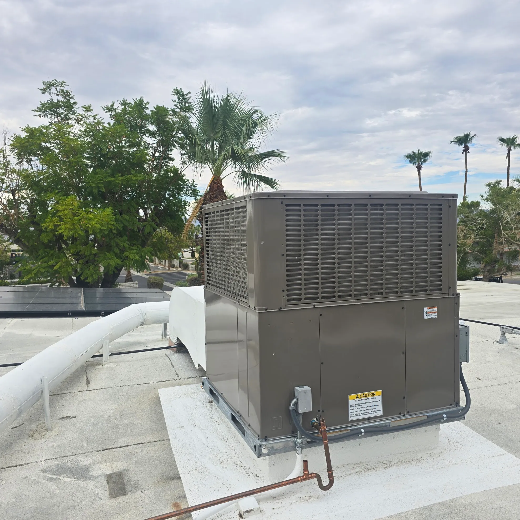 Large HVAC unit installed on a flat rooftop with trees and palm trees in the background under a cloudy sky.