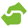 Zwei grüne Hände, die sich gegenseitig greifen, Symbol für Hilfe oder Zusammenarbeit.