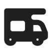 Schwarzes Symbol eines Wohnmobils mit Fenstern und Rädern.